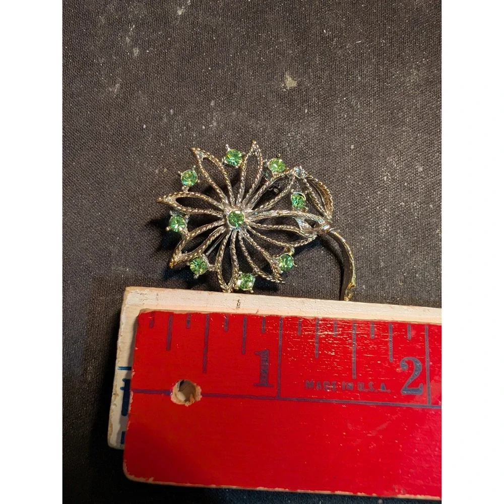 Vintage Silver Tone Green Rhinestone Floral Spray Brooch Pin 2 Inch